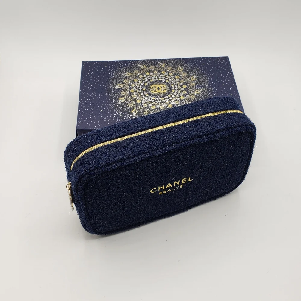 Authentic Chanel Cosmetic Pouch Blue Gold